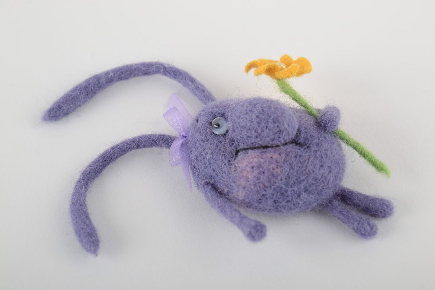 Handmade fridge magnet soft toy felted of natural wool violet rabbit with flower photo 4