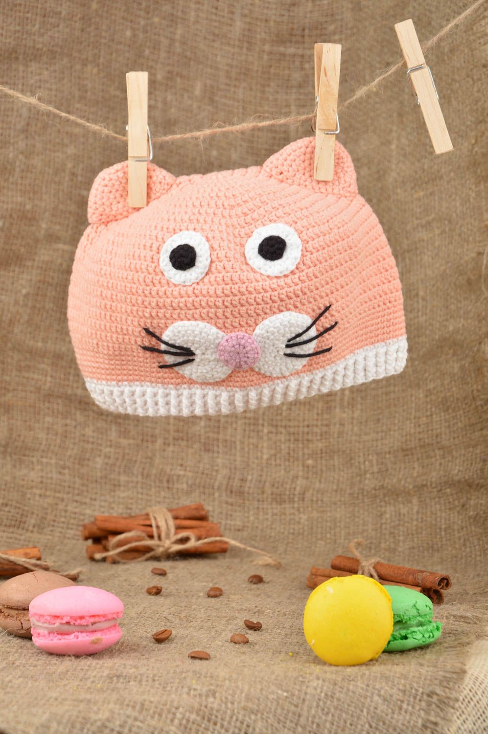Handmade funny baby's hat crocheted of cotton and woolen threads pink cat photo 1