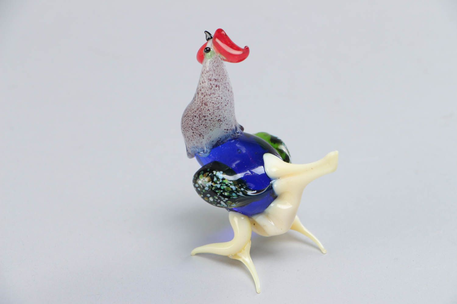 Unusual beautiful colorful handmade lampwork glass figurine of cock photo 4