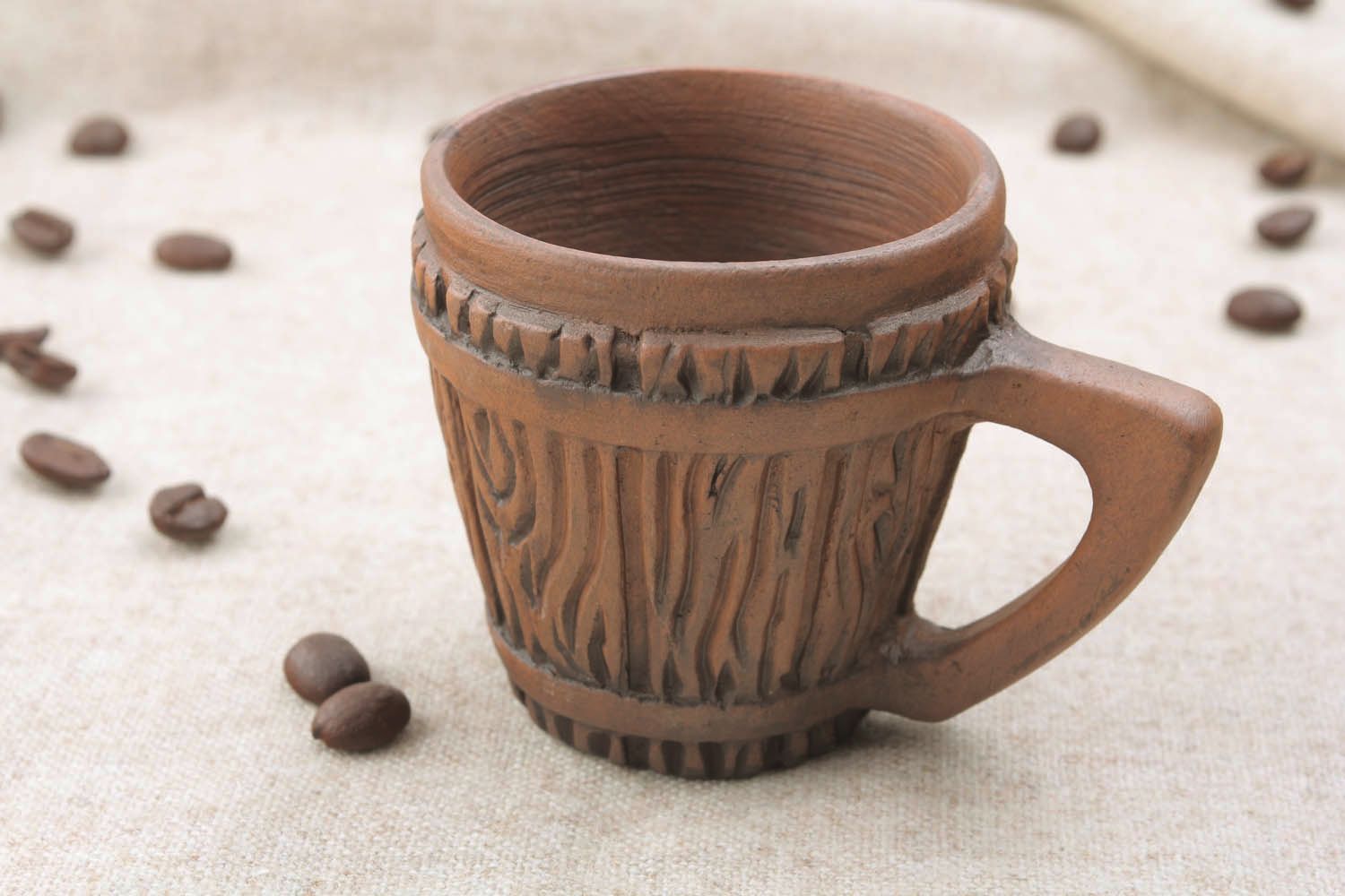 Clay brown fake wooden pattern coffee cup with handle photo 1