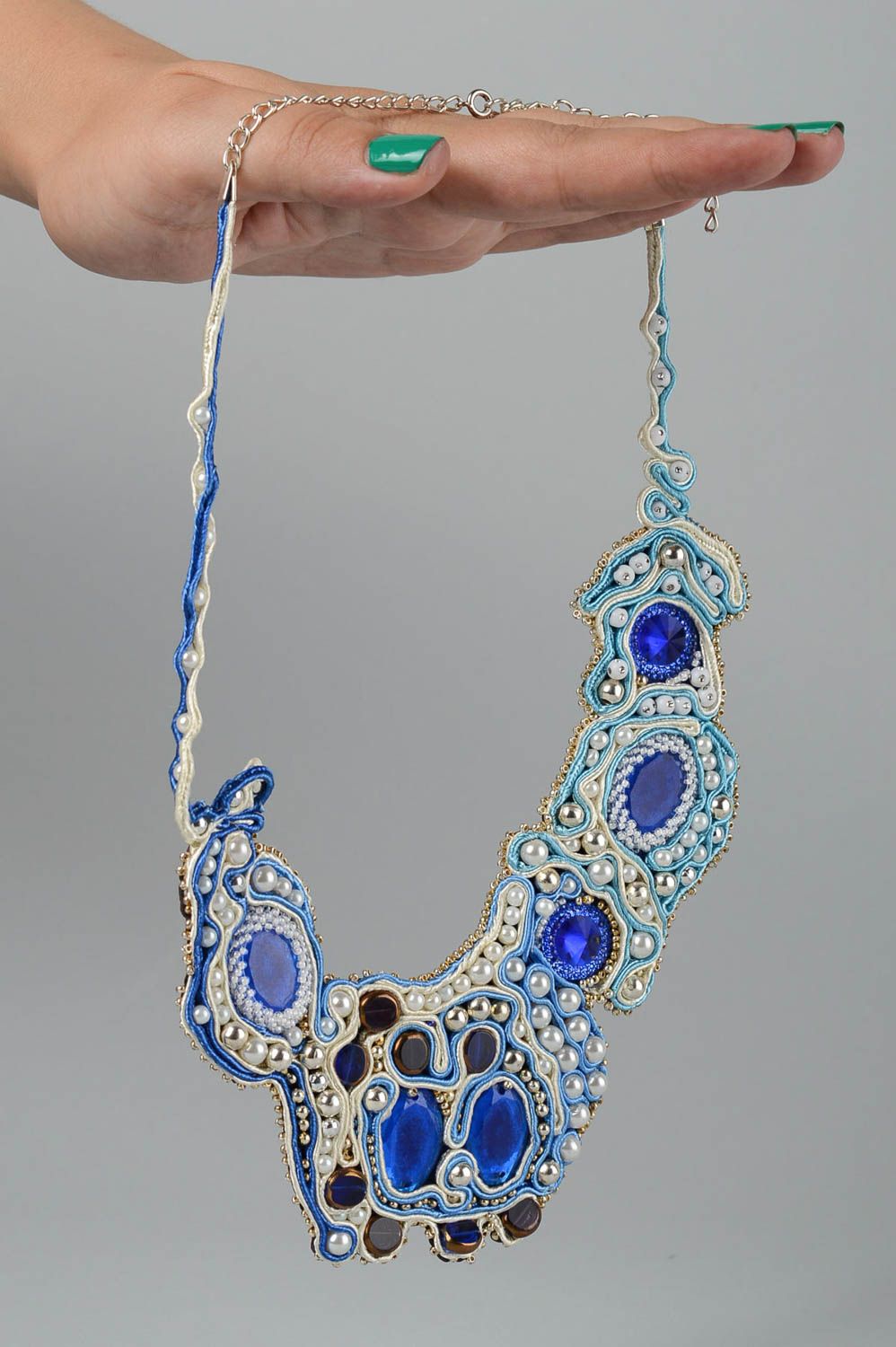 Колье сутажная вышивка хэнд мэйд вышитое ожерелье сутажное колье синее  фото 5