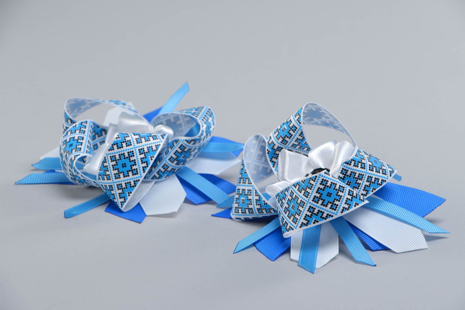 Set of handmade festive hair ties with blue ribbon bows 2 items for children photo 3