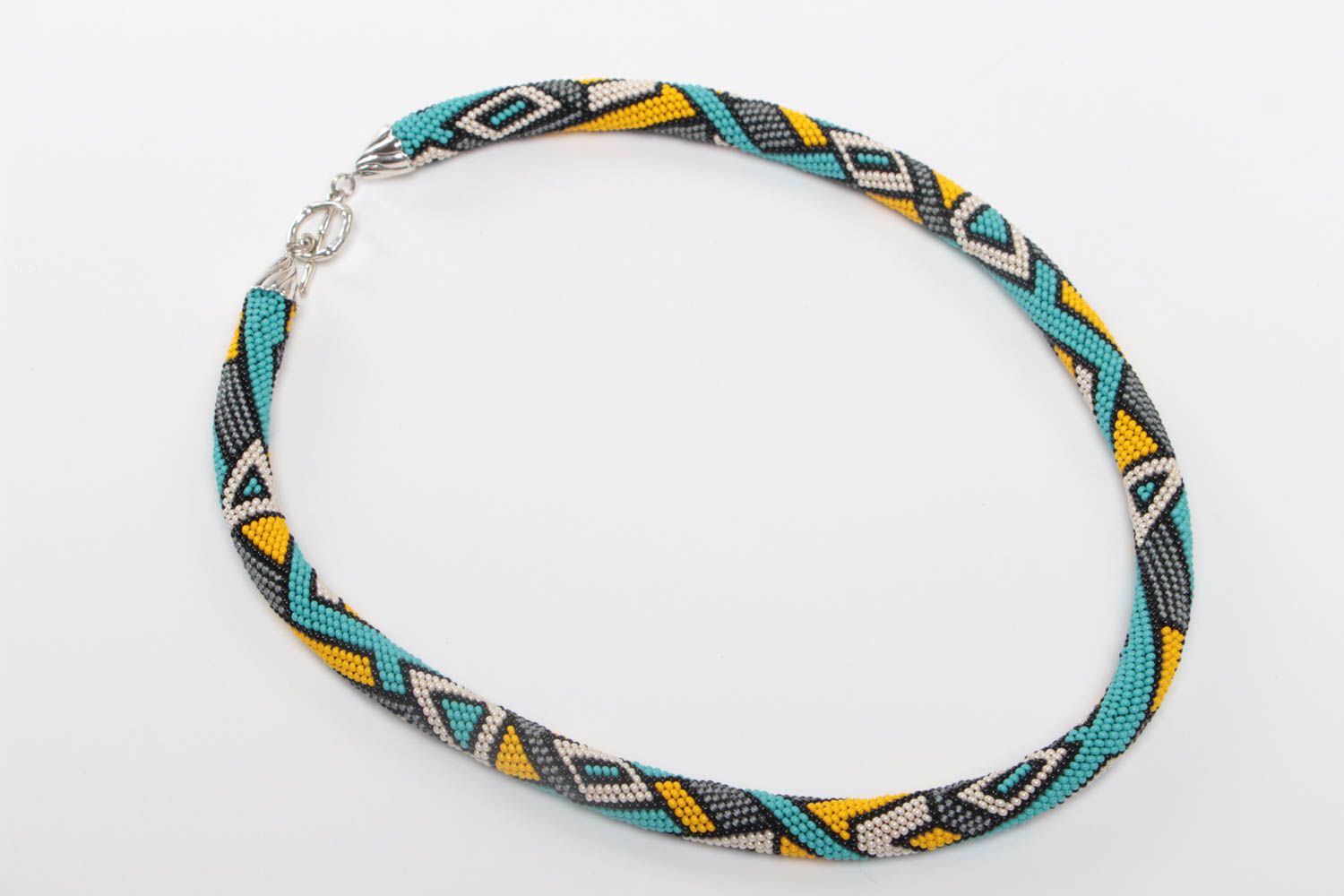 Handmade designer beaded cord necklace with yellow and blue geometric ornament   photo 2
