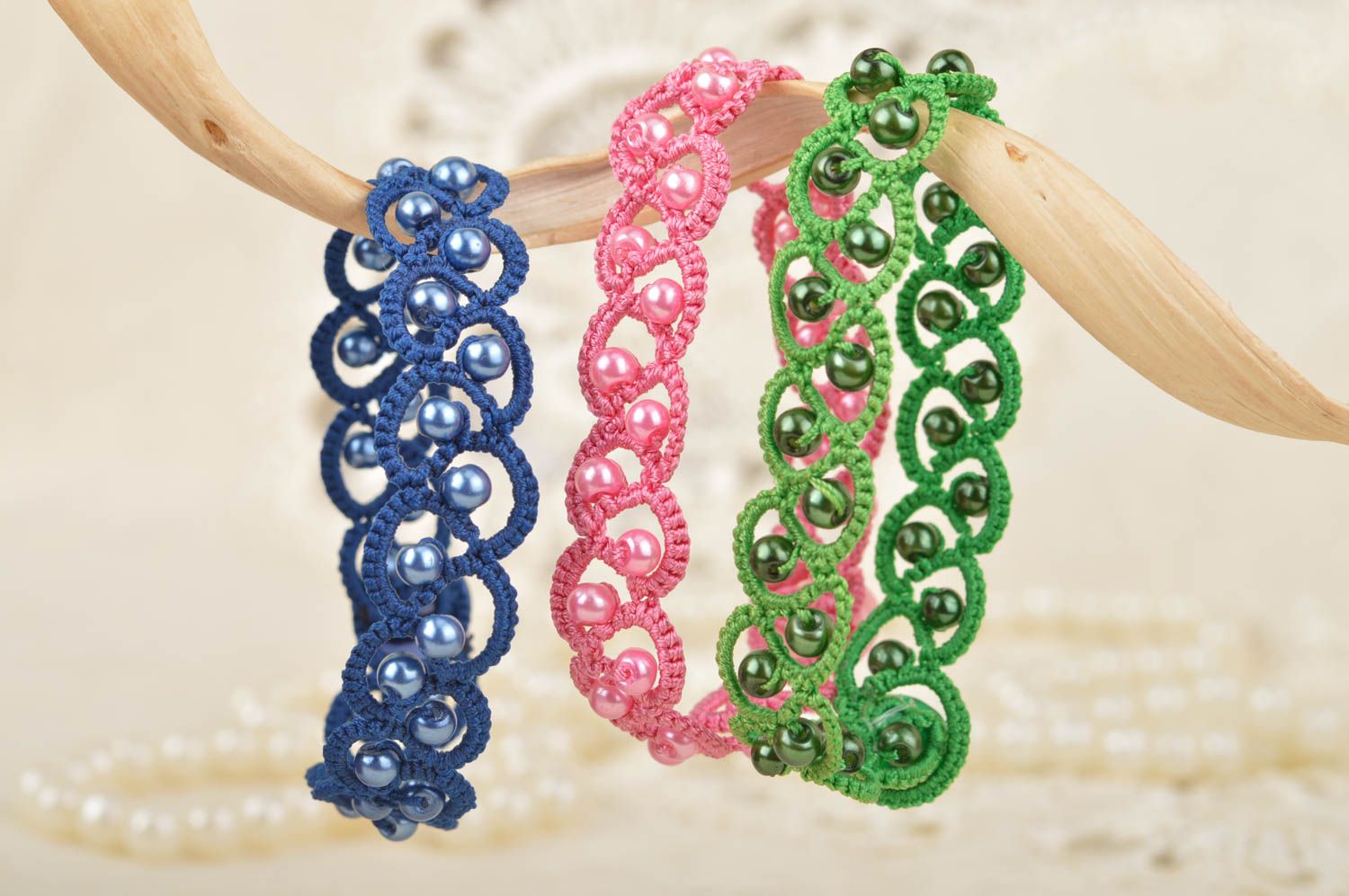 Set of 3 handmade designer tatted lace bracelets with beads green pink blue photo 1