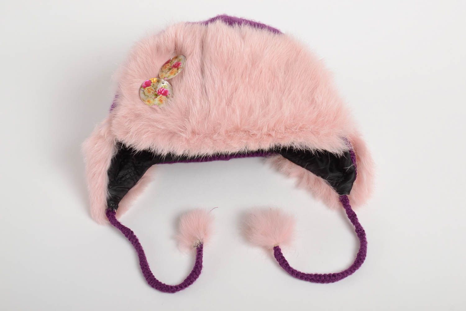 Cache-oreilles tricoté fait main Bonnet au crochet rose fourrure Vêtement enfant photo 1