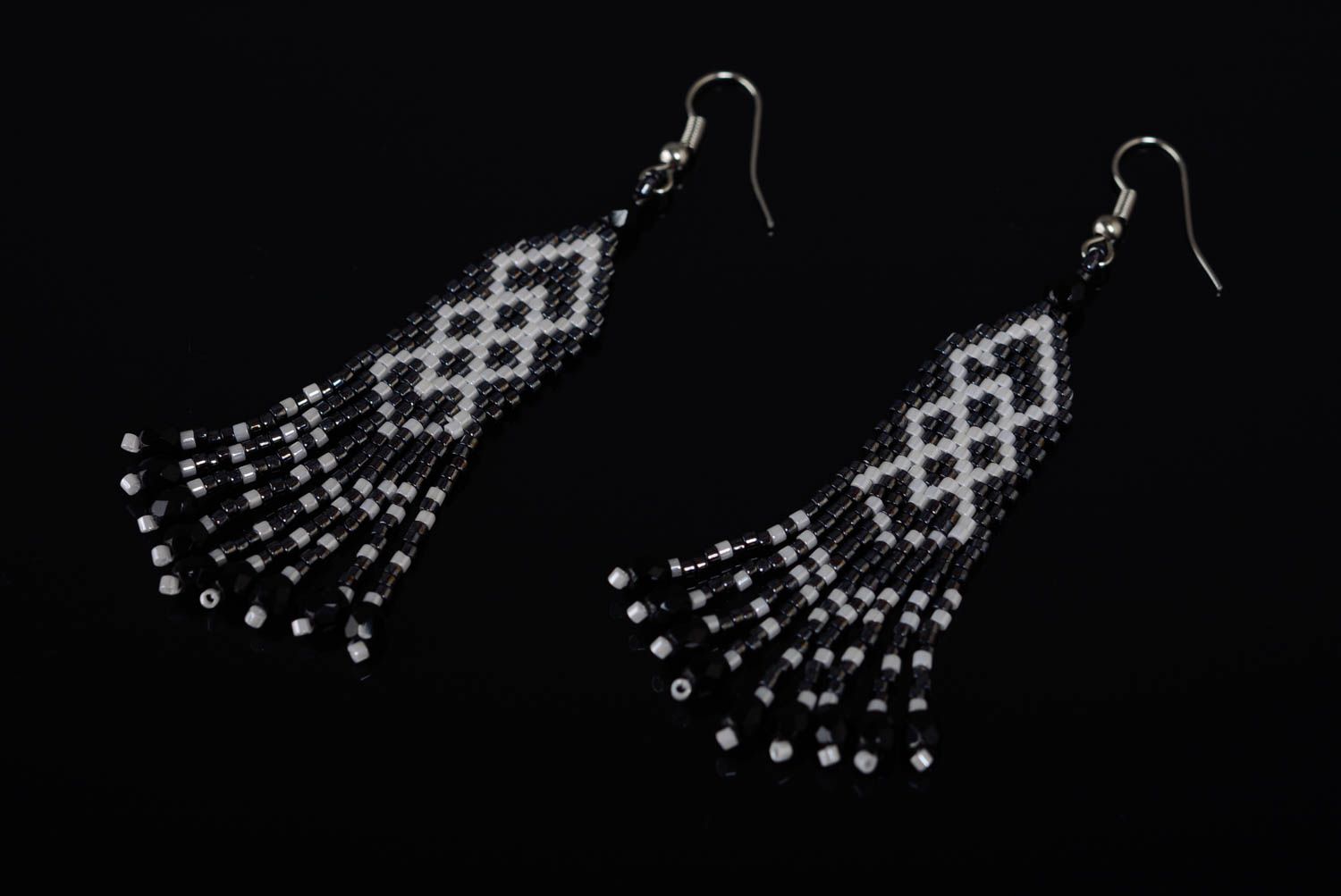 Stylish handmade designer black and white long earrings with beaded fringe in ethnic style photo 1