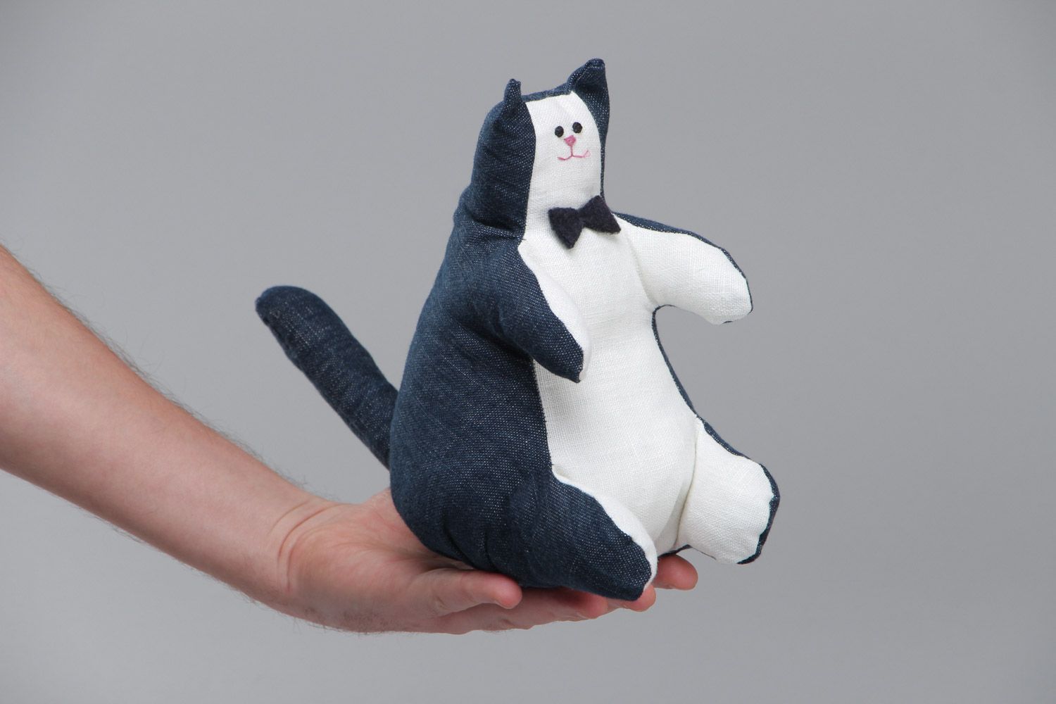 Handmade denim fabric soft toy cat of blue and white colors photo 5