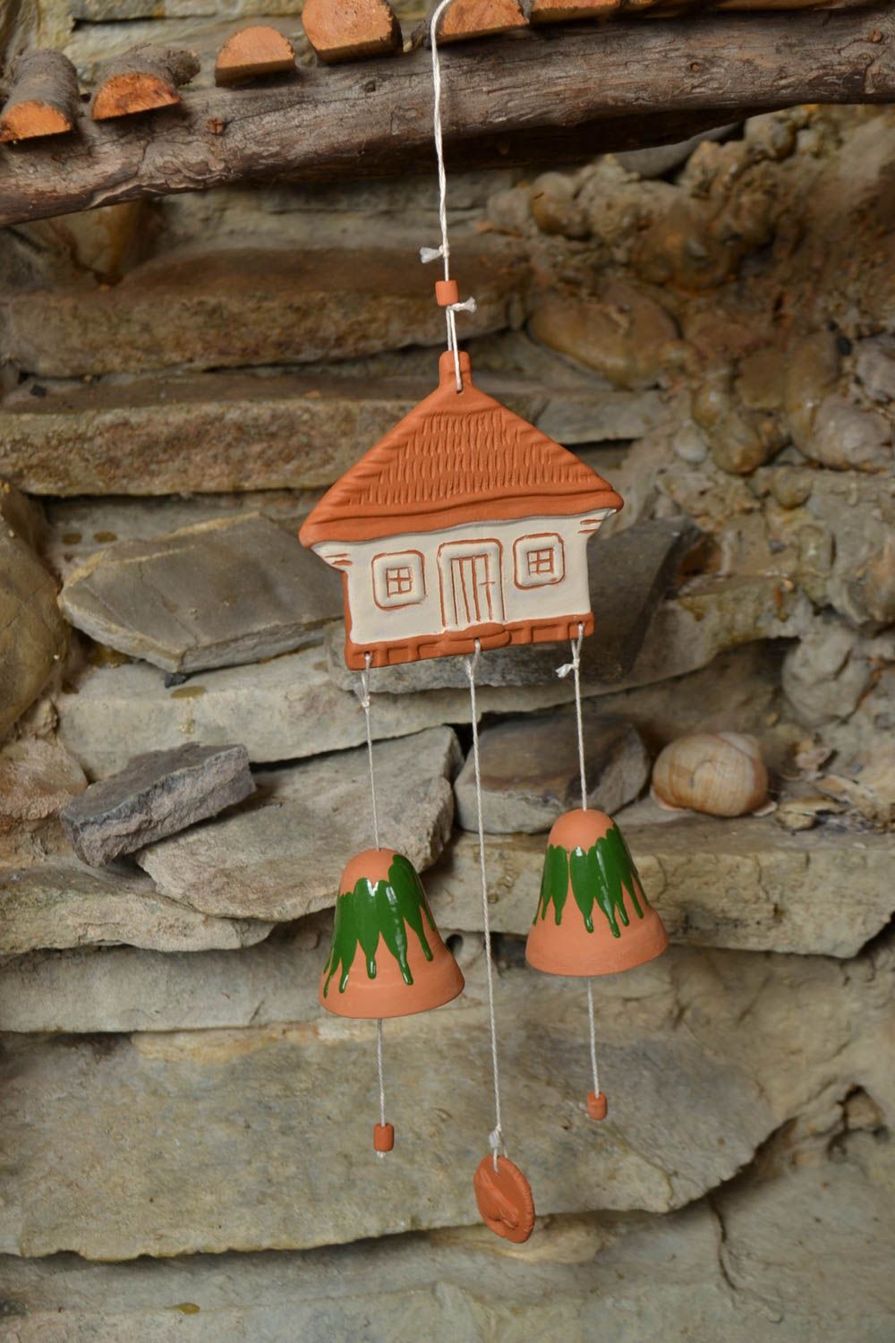 Designer ceramic bell on long cord with clay house handmade painted pendant photo 1