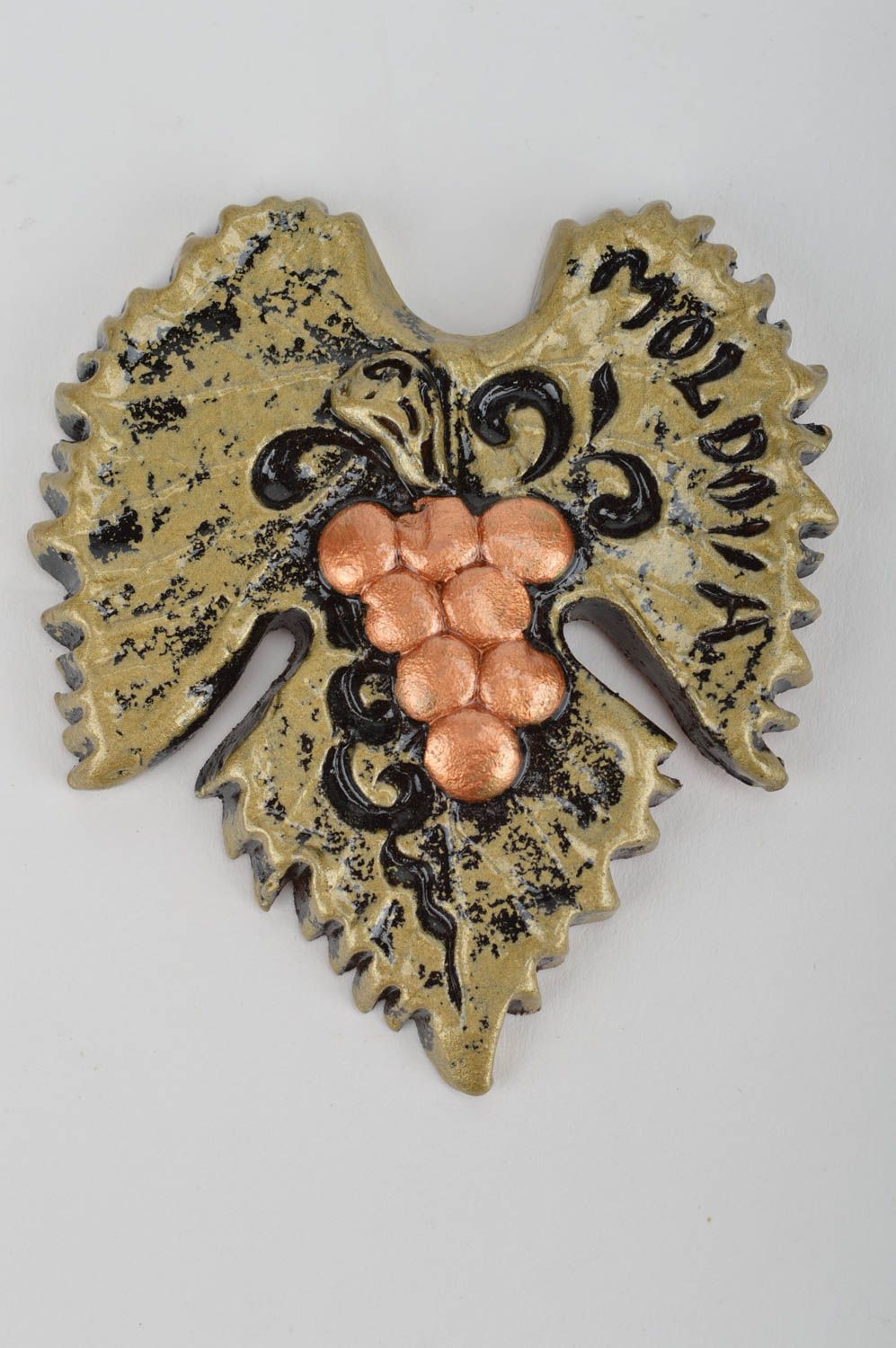 Handmade unusual designer ceramic fridge magnet in shape of grapes leaf photo 4