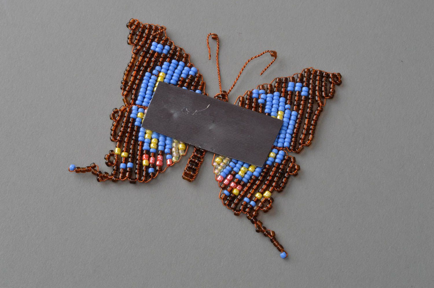 Magnet papillon bleu brun jaune petit en perles de rocaille fait main pour frigo photo 5
