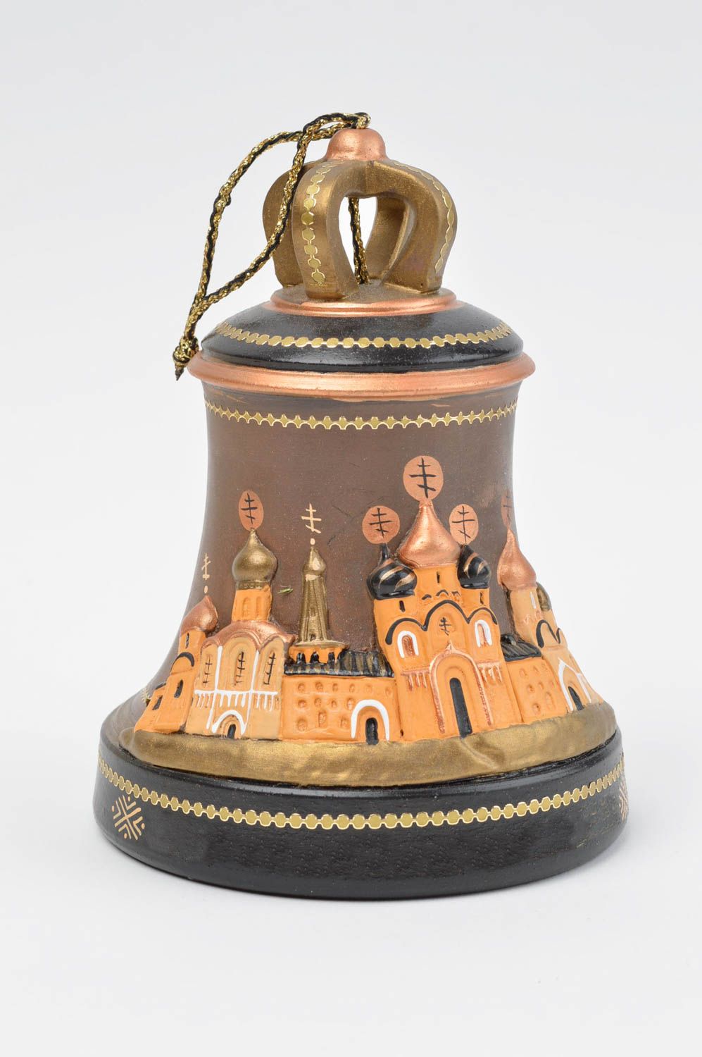 Глиняный церковный колокол расписной темно-коричневый красивый ручной работы фото 2