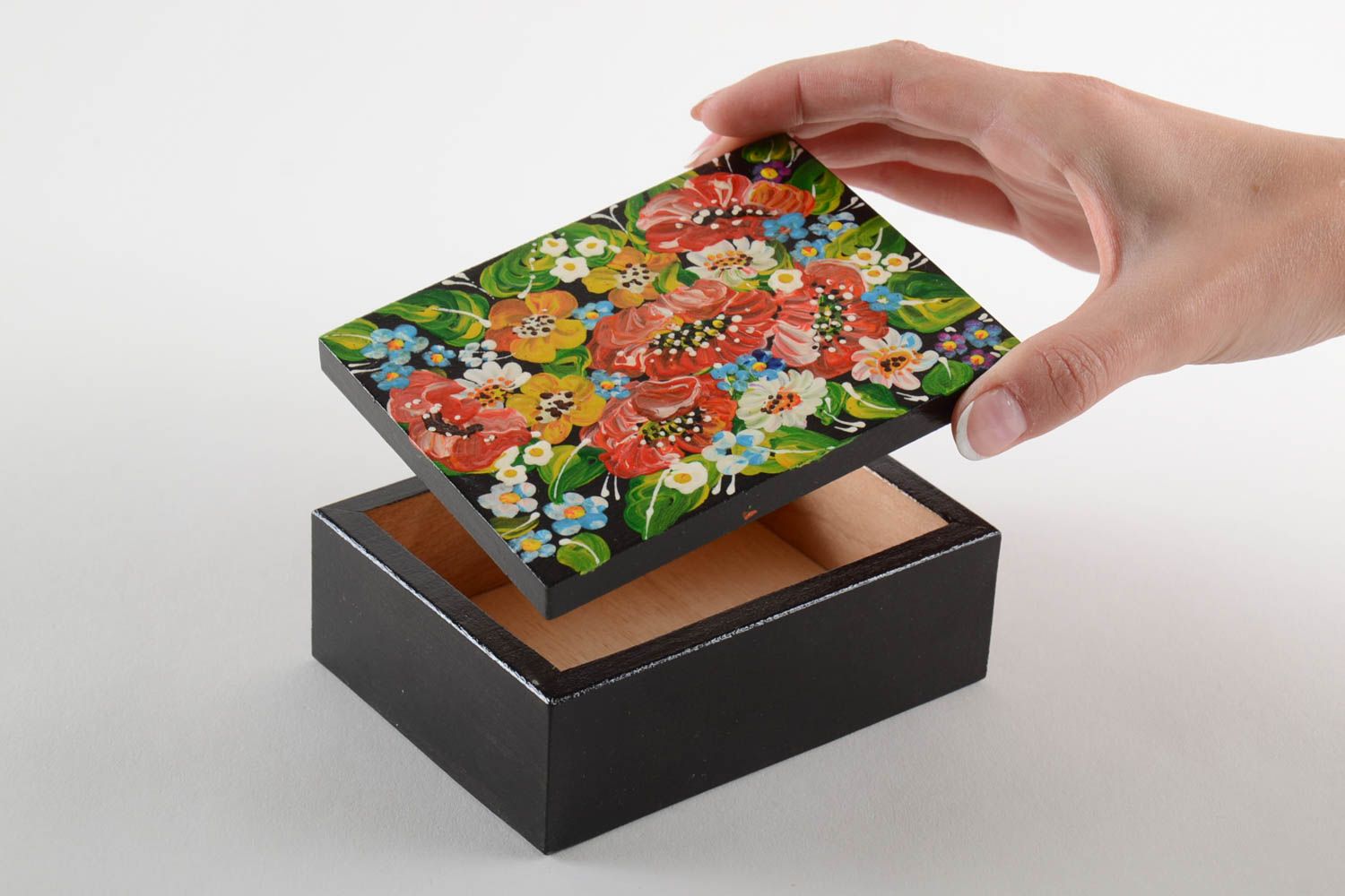 Beautiful rectangular handmade painted wooden jewelry box Petrikivka style photo 5