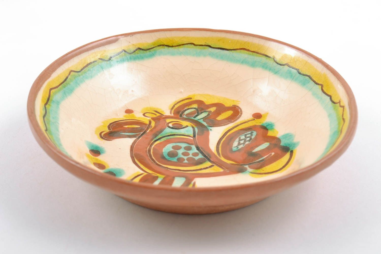 Керамическая тарелка расписанная глазурью для декора дома хэнд мэйд с петушком фото 4