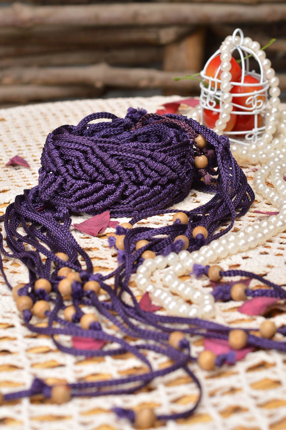 Beautiful homemade designer women's lilac woven cord belt with tassels and beads photo 1