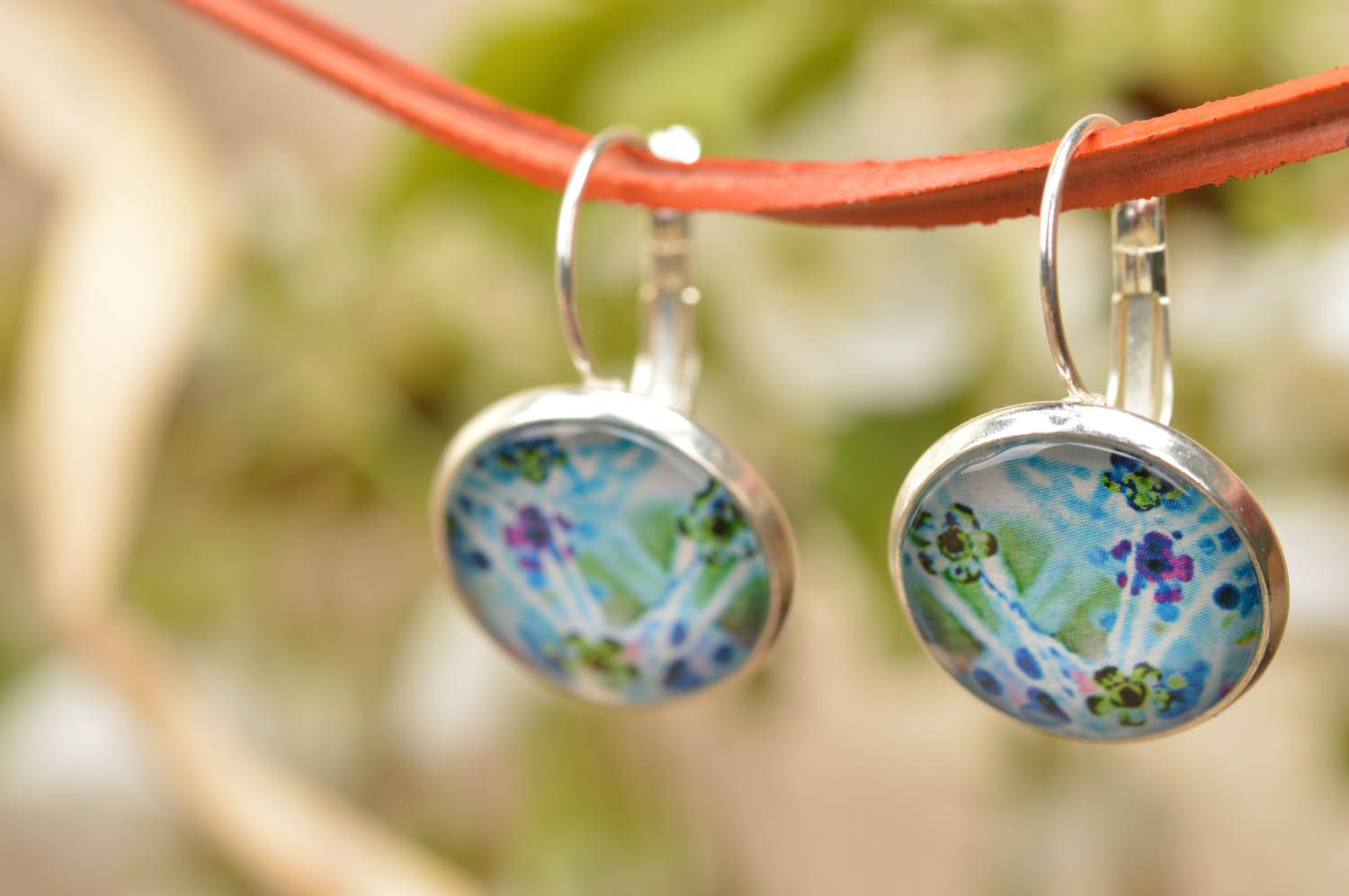 Unusual beautiful handmade designer round earrings with flower print Violets photo 1