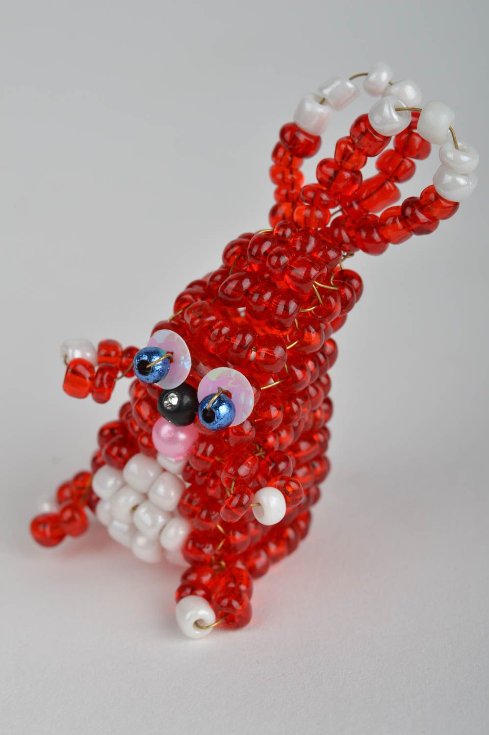 Funny unusual cute rabbit made of beads handmade red finger doll for kids photo 2