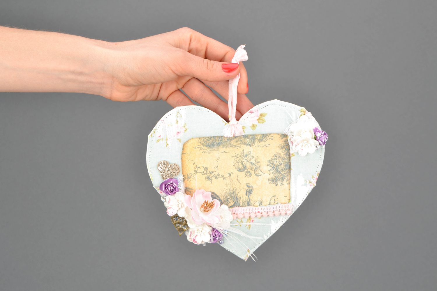 Beautiful fabric photo frame in the shape of heart photo 1