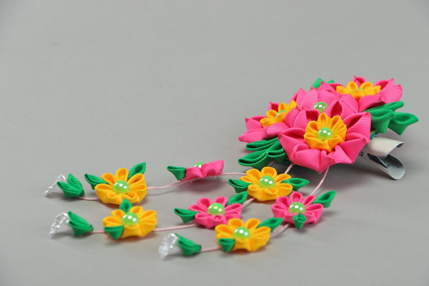 Bright colorful handmade hair clip with large ribbon flower and charms photo 2