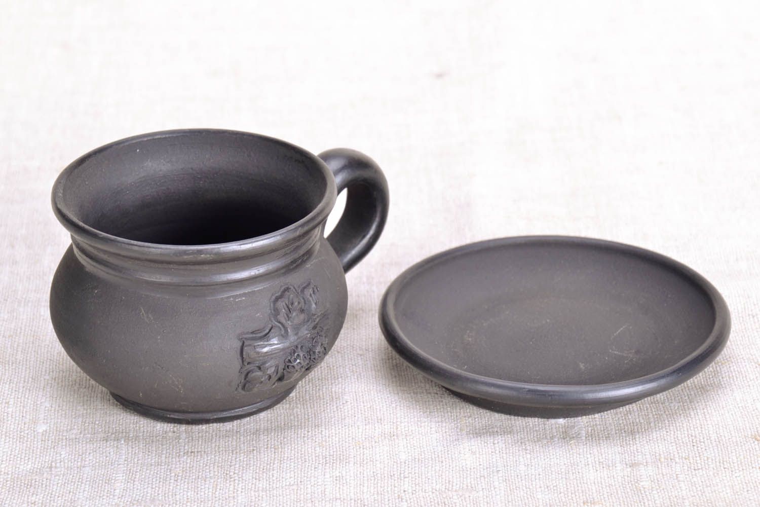 Black clay coffee cup Oak Branch with handle and saucer photo 4