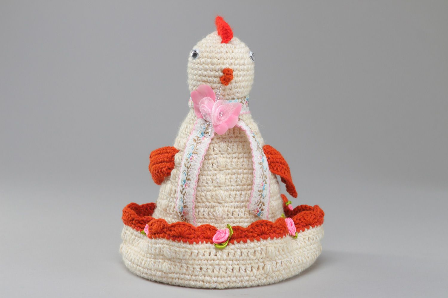 Handmade designer Easter decoration chicken soft toy crocheted of woolen threads photo 1