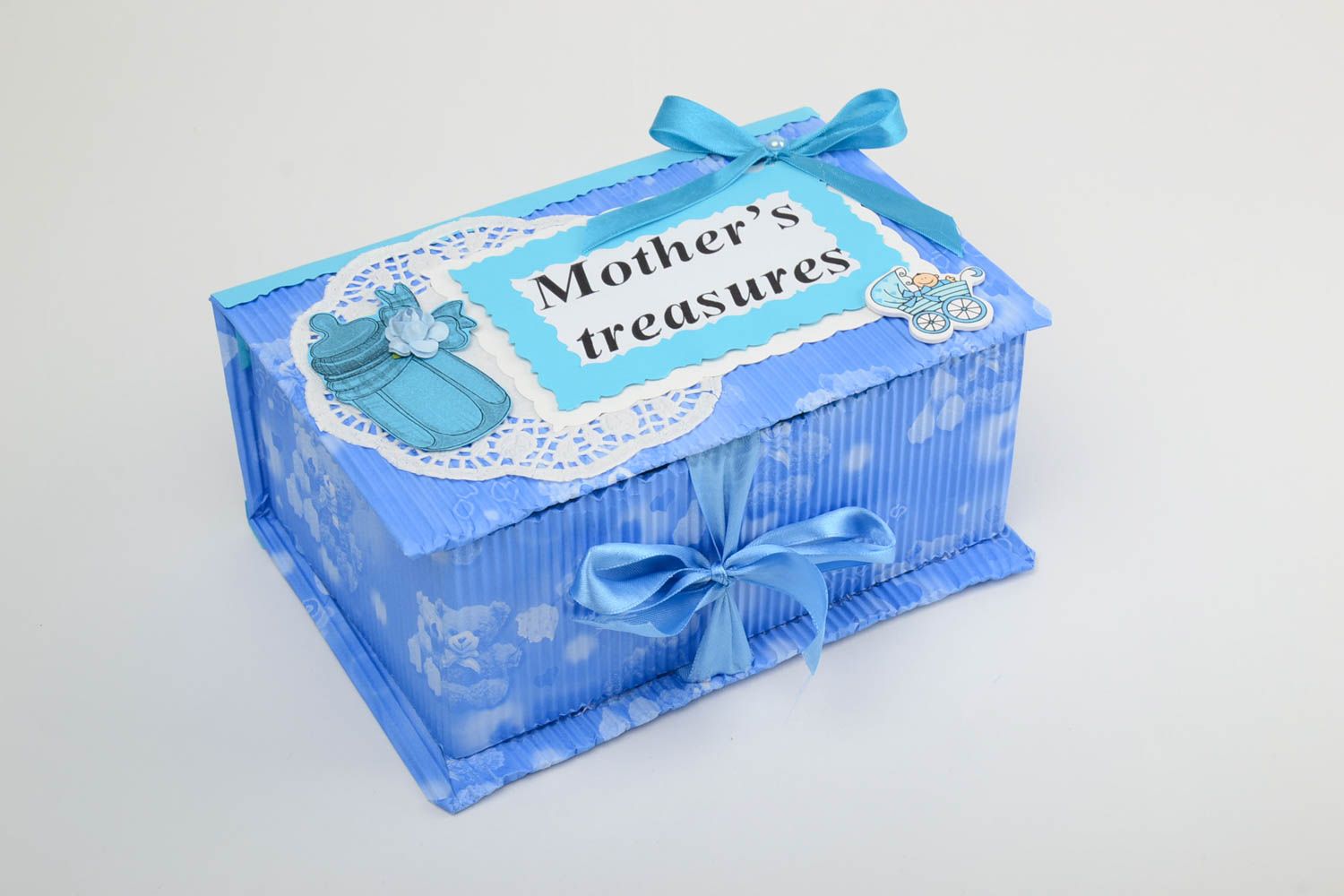 Blaue Schatulle aus Pappe Deko für Bewahren von Baby Sachen geschnürrt handgemacht foto 3