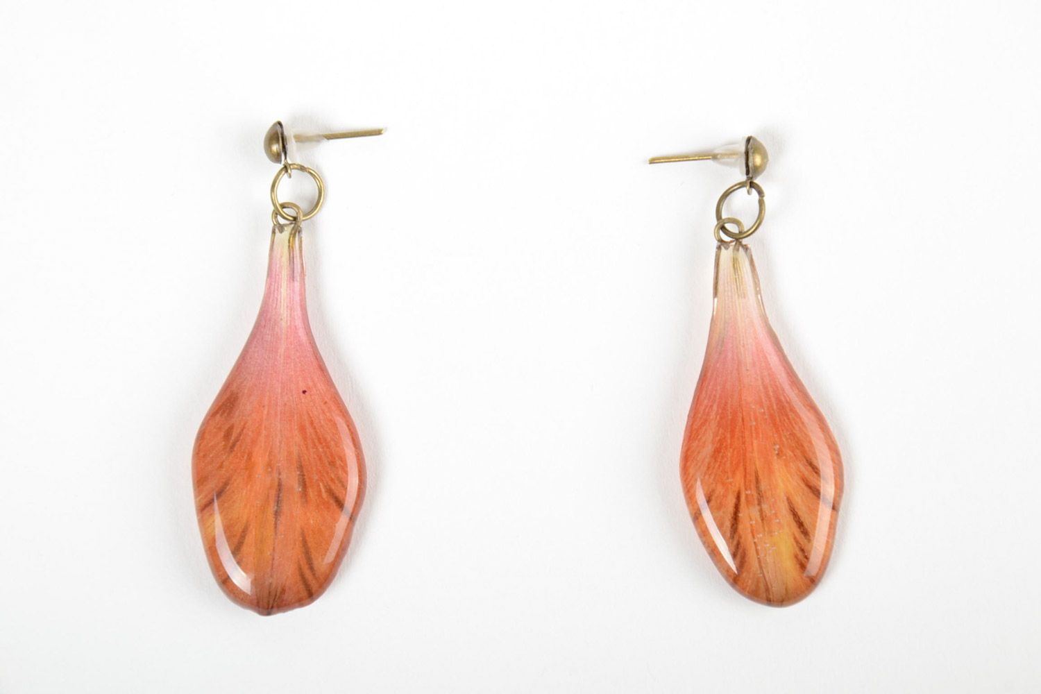 Festive handmade earrings with real flower petals coated with epoxy resin photo 3