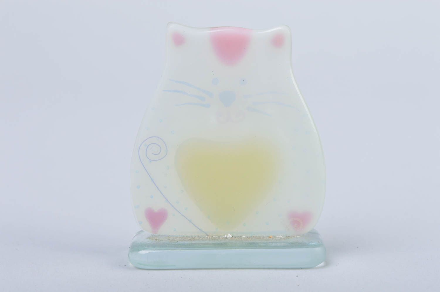 Handmade decorative fused glass figurine of small cat with yellow heart photo 5
