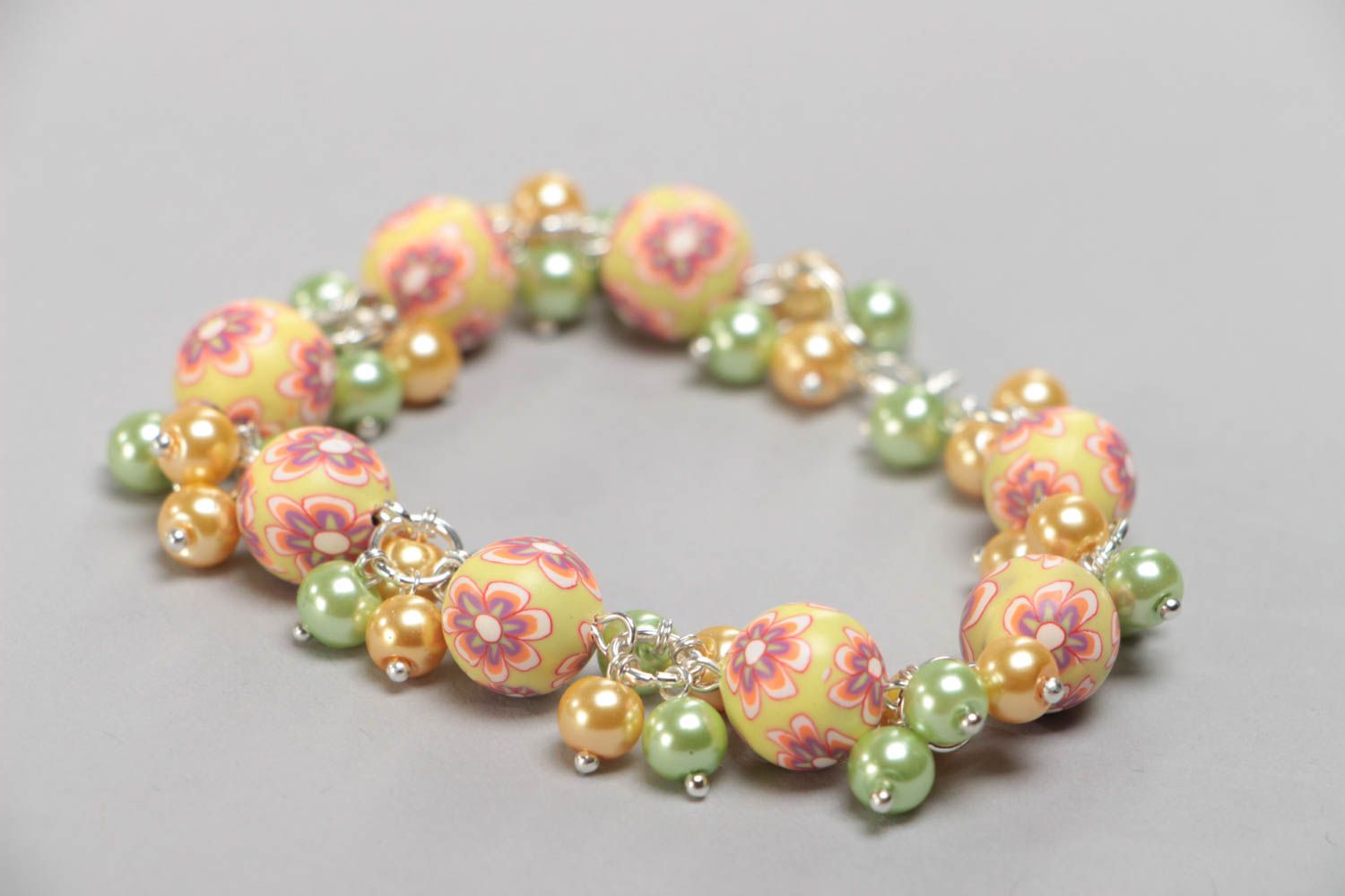 Bracelet en pâte polymère et perles céramiques fait main couleur pêche photo 2
