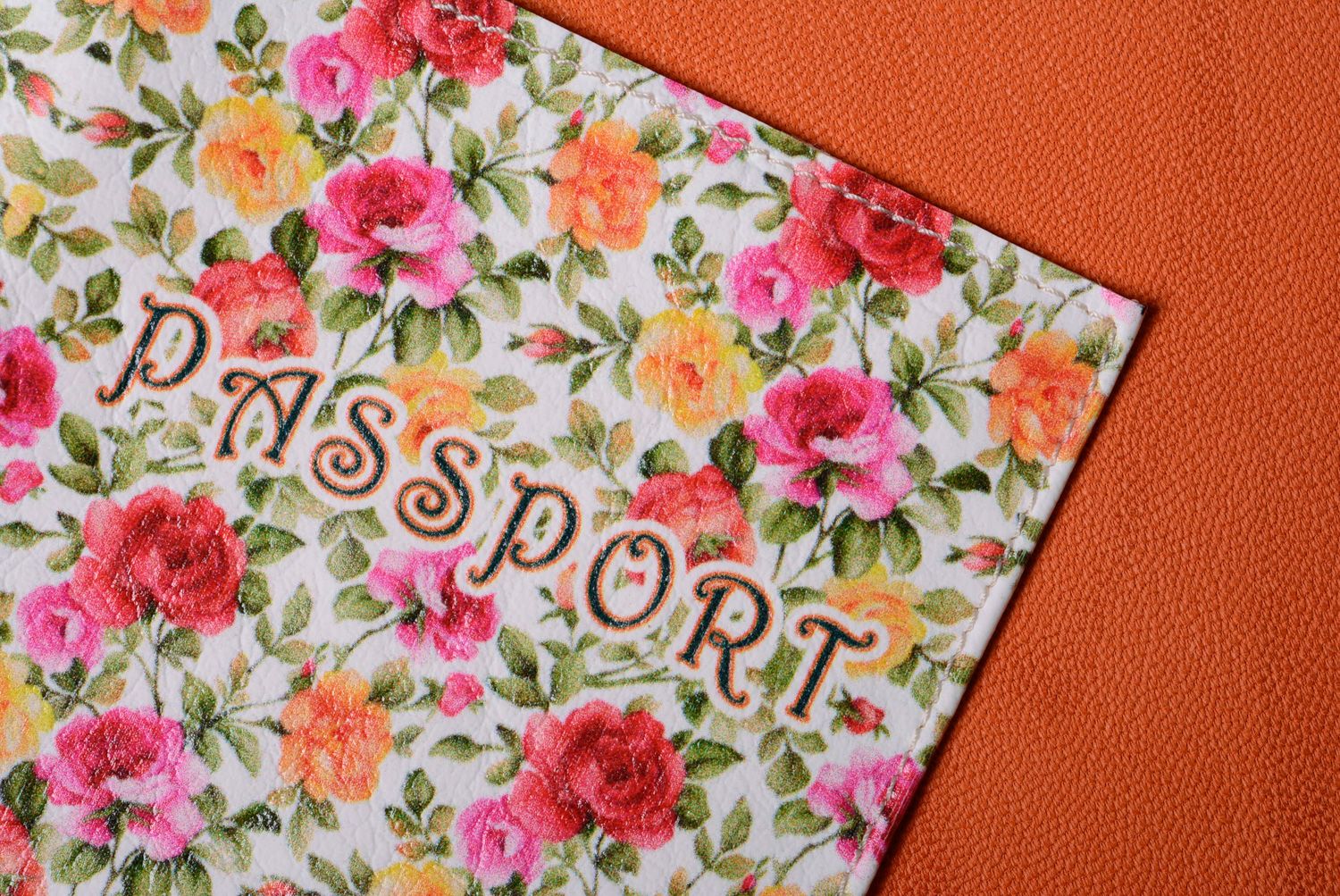 Handmade leather passport cover with flower print photo 3