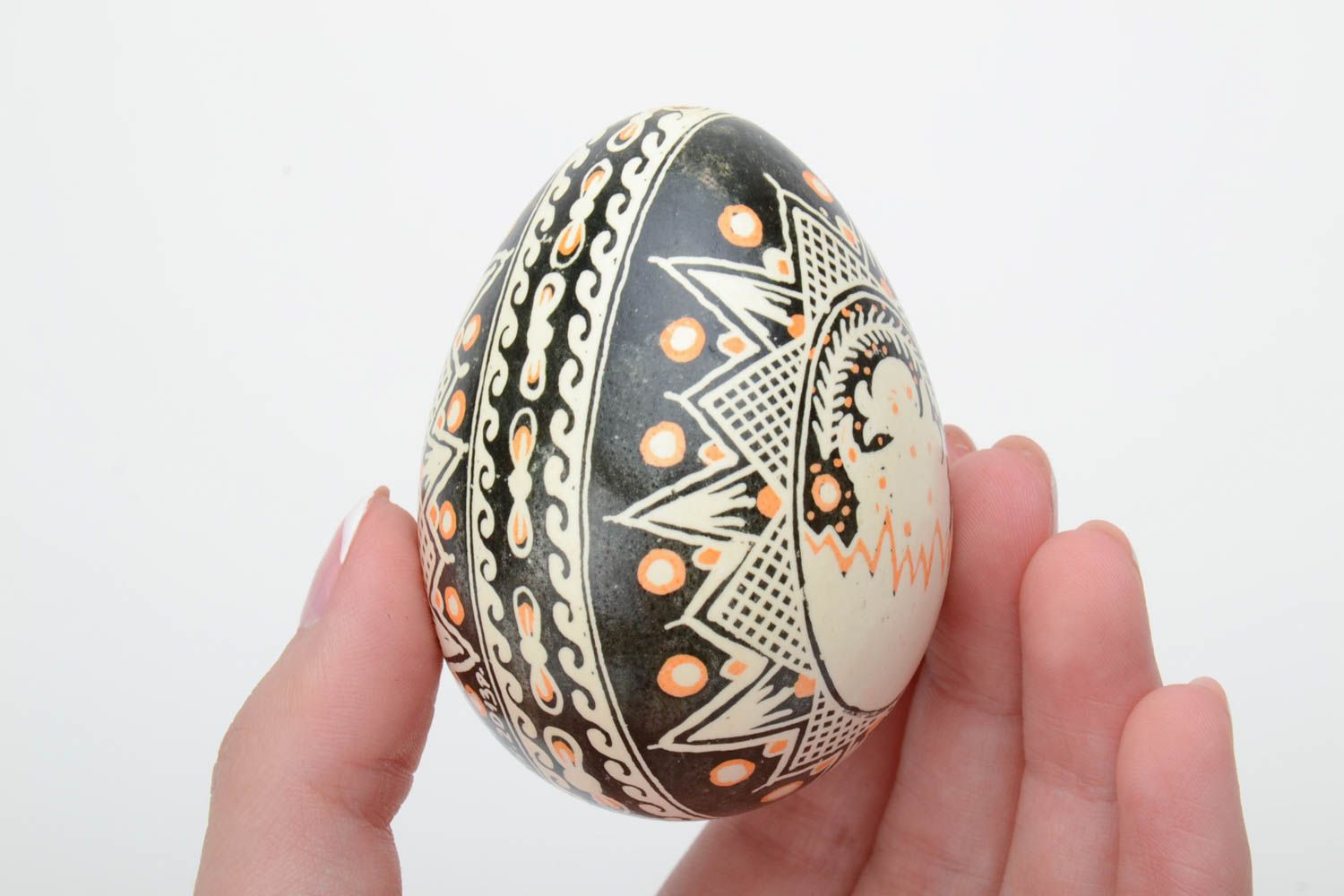 Handmade decorative souvenir Easter egg painted in black and beige colors  photo 5