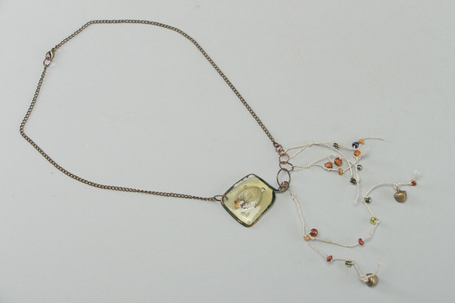 Handmade botanical pendant on long chain with real flowers coated with epoxy photo 1