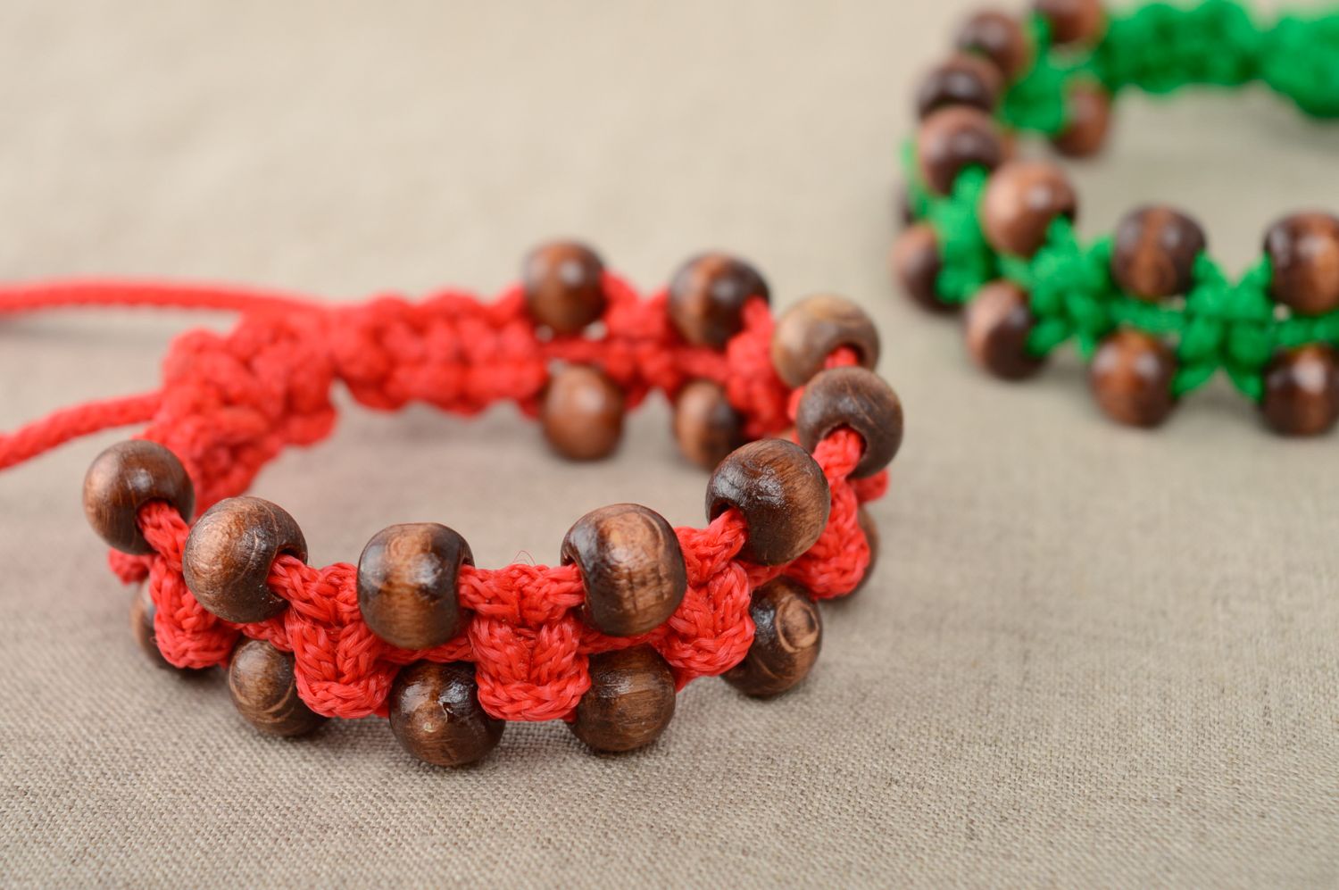 Macrame friendship bracelet with polyester cord and wooden beads photo 5