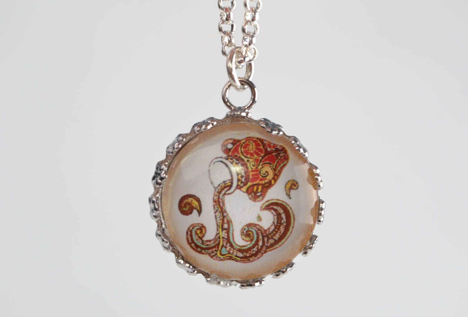 Handmade designer round glass pendant necklace on metal chain with Aquarius sign photo 4