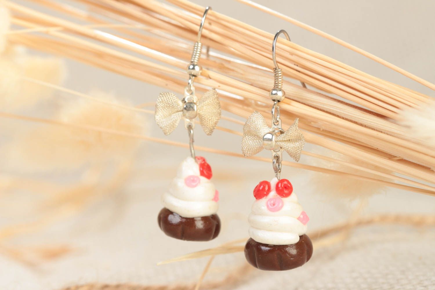 Handmade designer polymer clay dangling earrings with colorful cupcakes photo 1