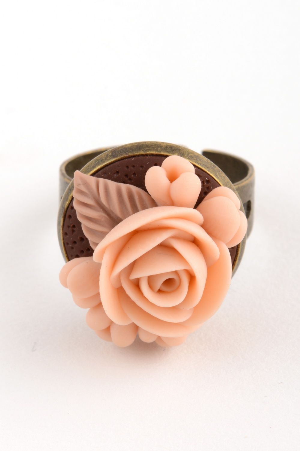 Handmade tender designer jewelry ring with metal basis and polymer clay flower photo 2