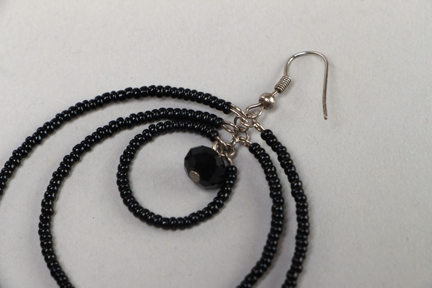 Handmade stylish black dangle earrings with glass beads and seed beads photo 2