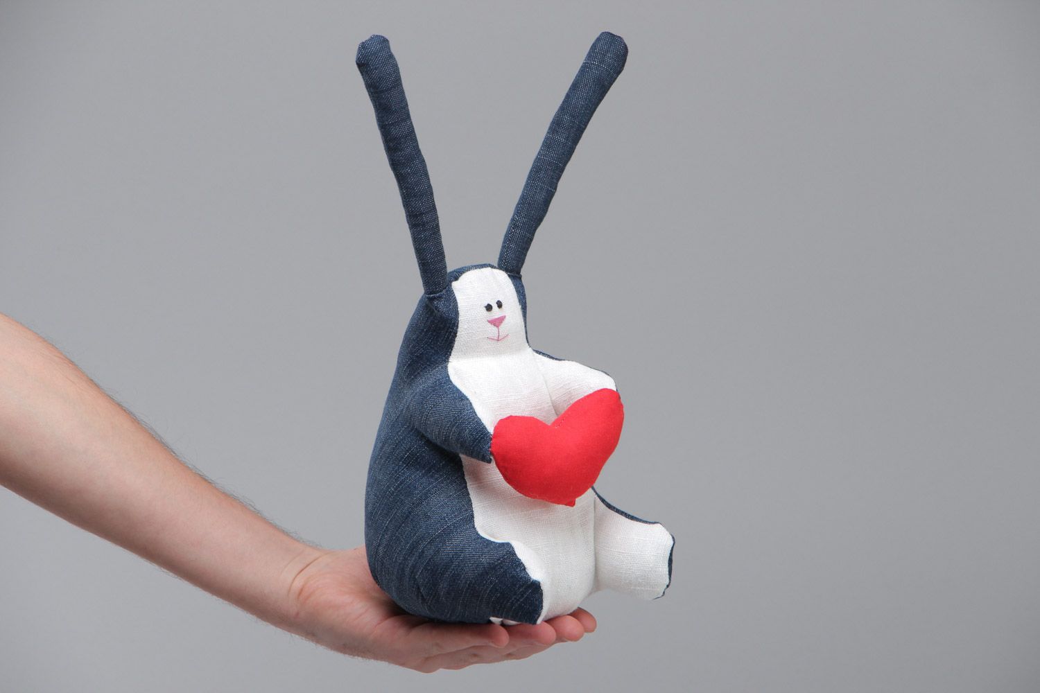 Blue and white handmade denim fabric soft toy hare with heart photo 5