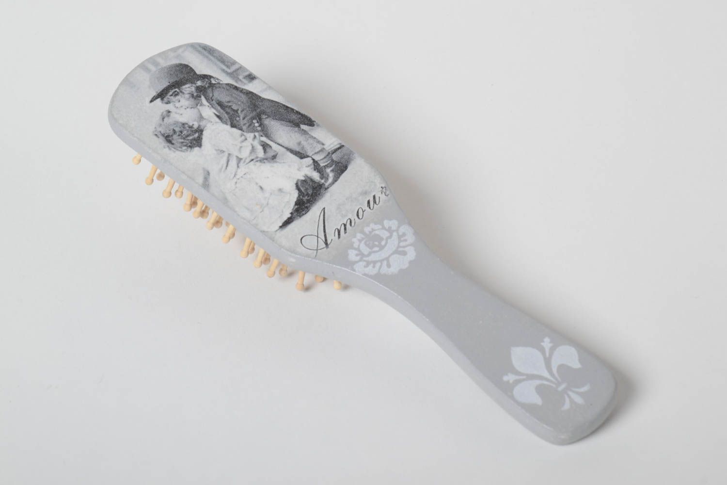 Wooden handmade hair comb stylish accessories beautiful decoupage present photo 4