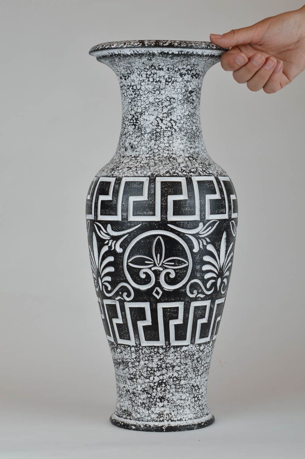 Grand vase en céramique pour fleurs noir gris fait main original ornementé 5 l  photo 3