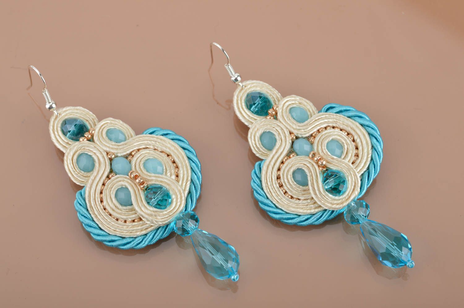 Beautiful blue and beige handmade designer soutache earrings with beads photo 2