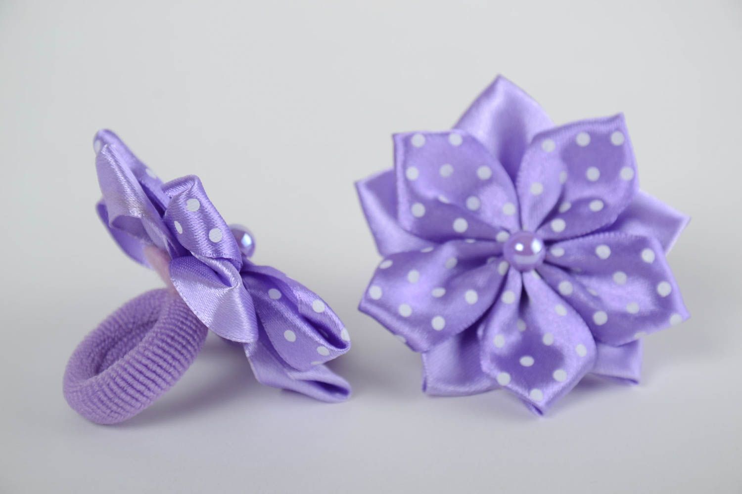 Children's handmade lilac textile flower hair ties set 2 pieces kanzashi photo 2