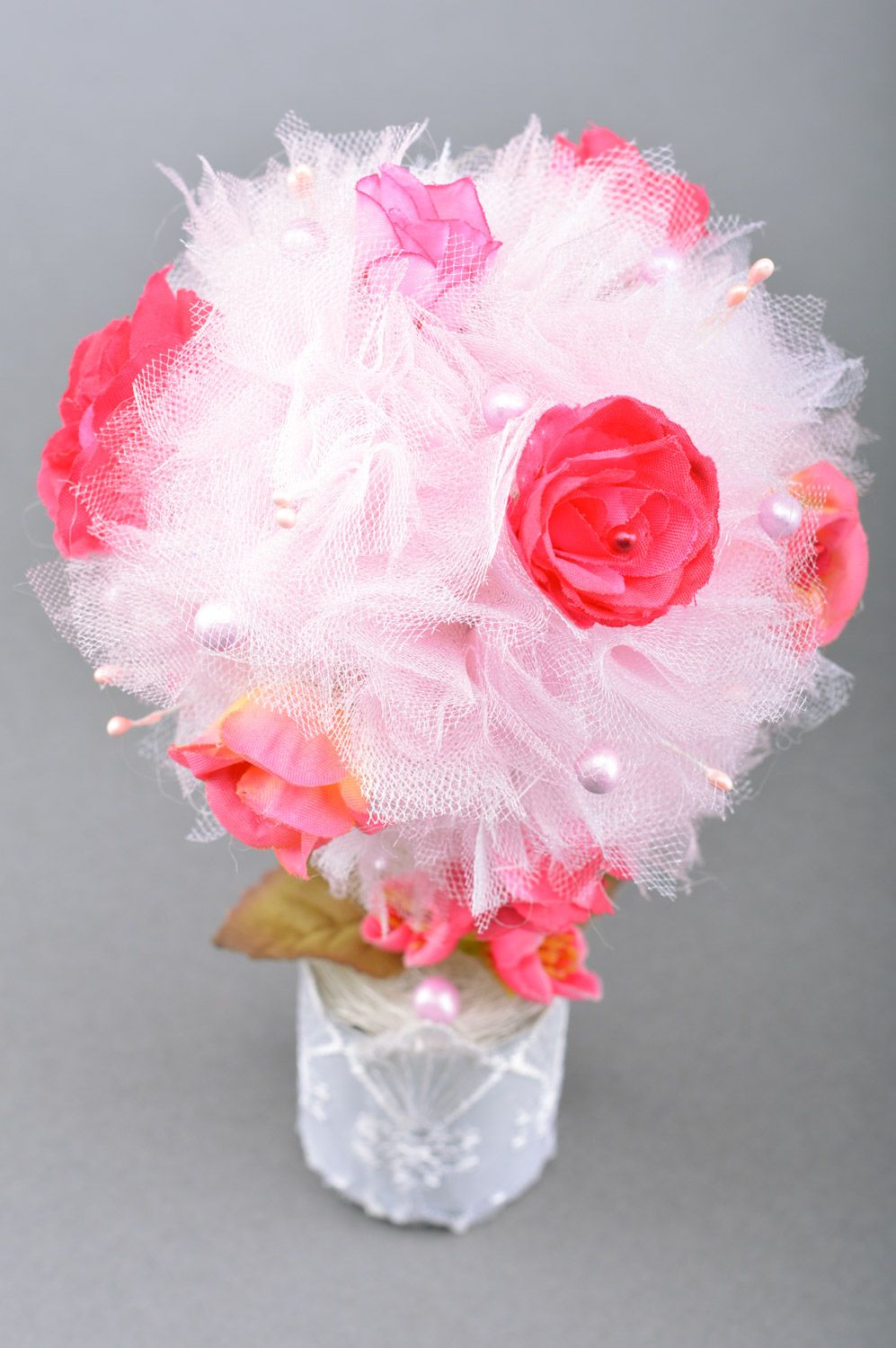 Handmade white and pink tulle topiary with artificial flowers pearls and ribbons photo 3