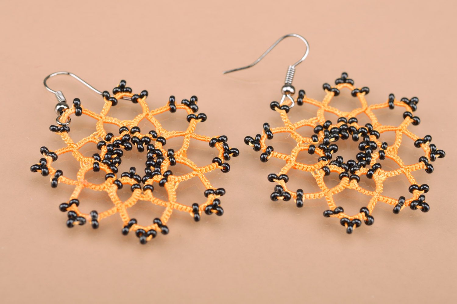 Handmade yellow tatting woven flower earrings with black beads  photo 3