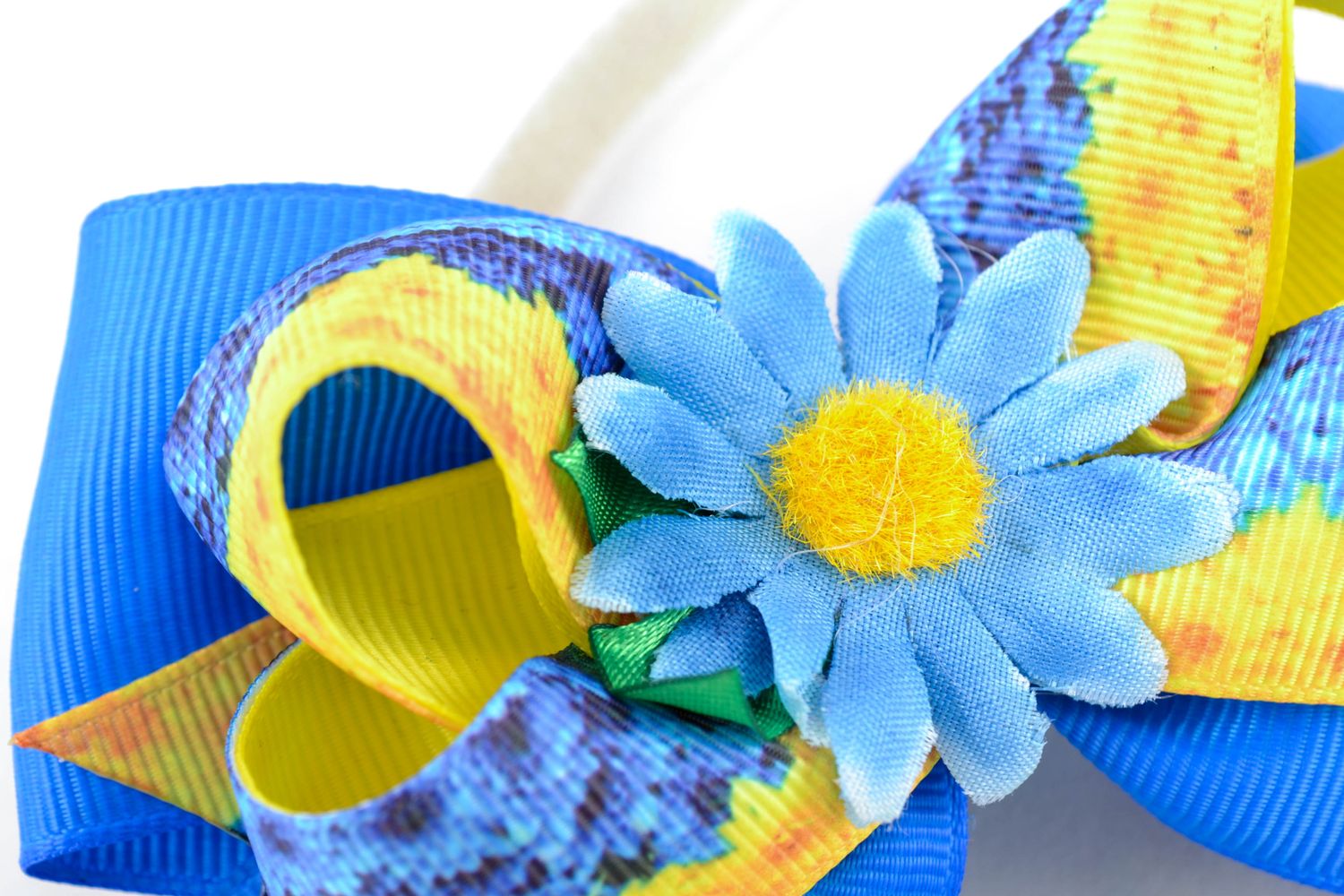 Headband with yellow and blue bow made of rep ribbons photo 3
