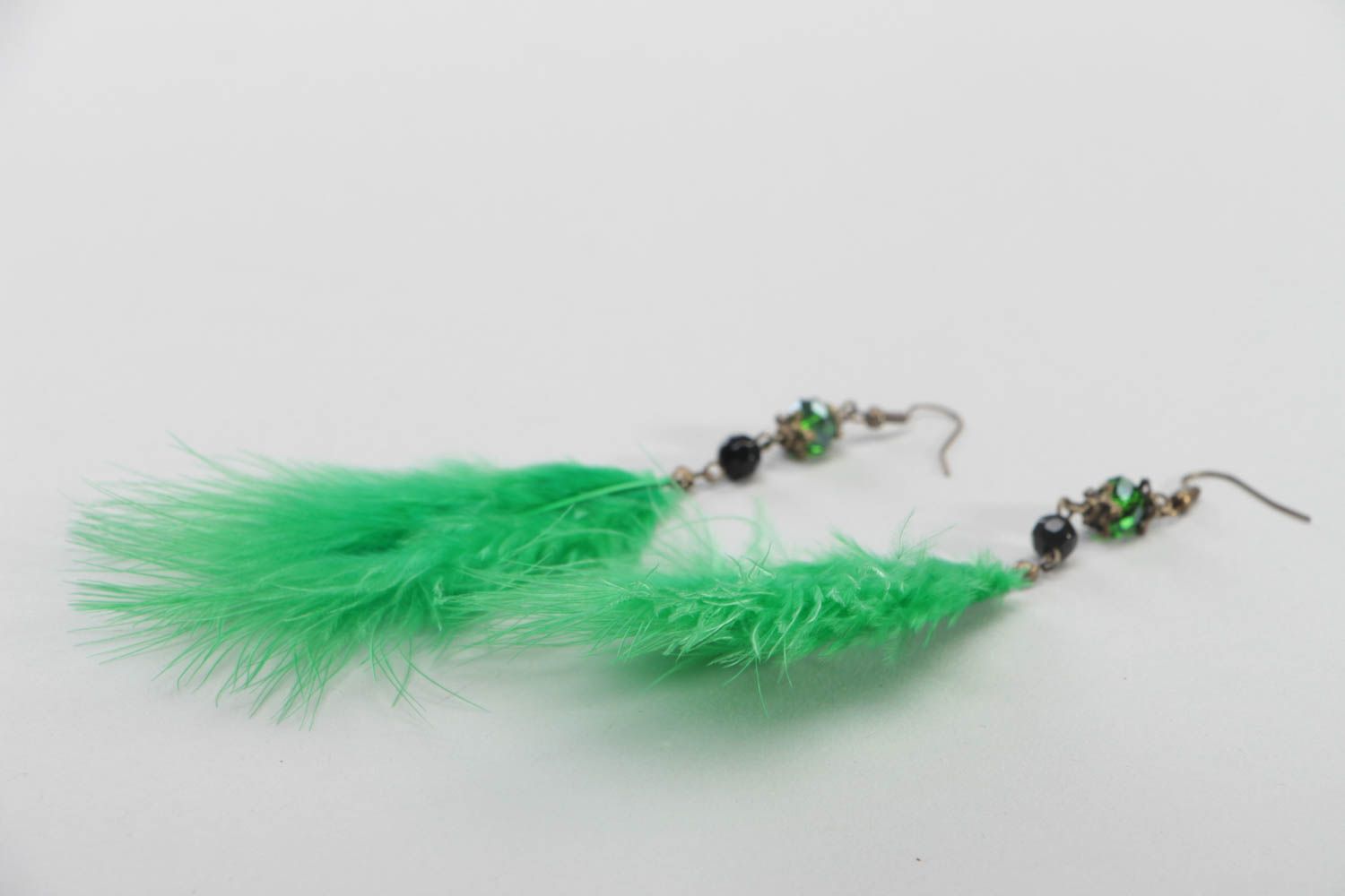 Green long earrings bright designer jewelry accessories made of feathers photo 2