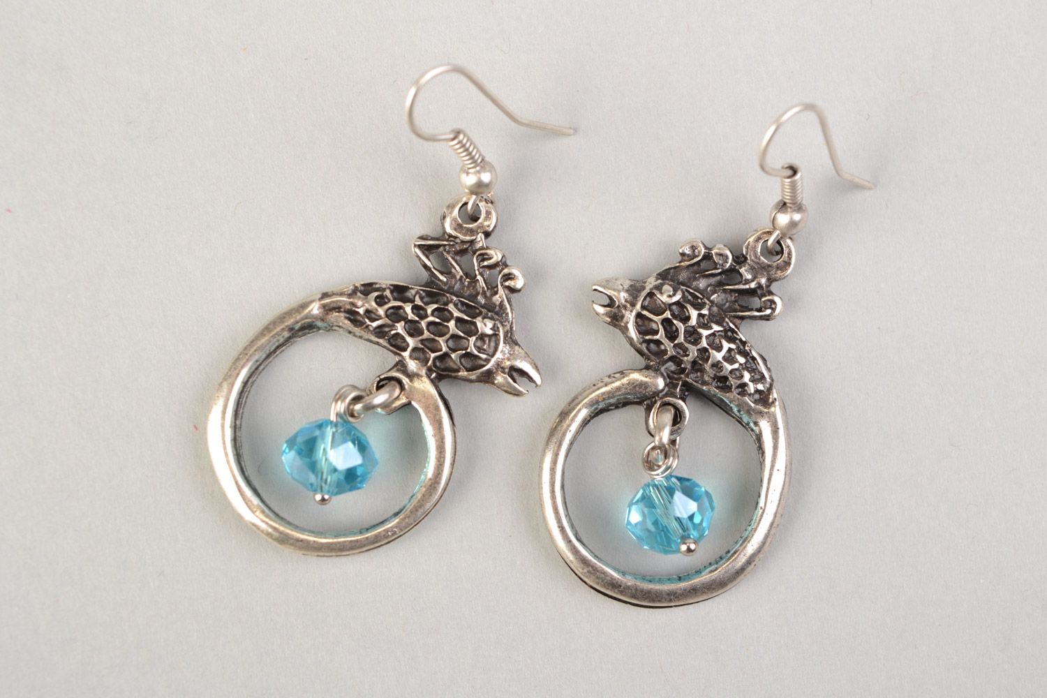 Handmade beautiful round metal dangling earrings with blue faceted crystal beads photo 3