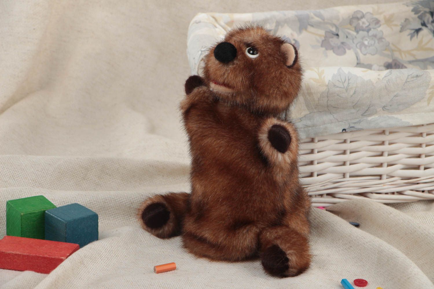 Handmade soft glove toy sewn of brown faux fur bear cub for puppet theater photo 1