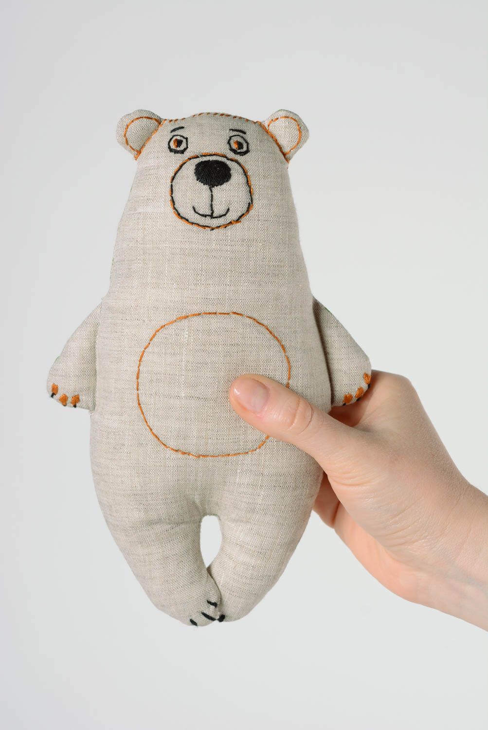 Handmade soft toy bear sewn of one colored and patterned linen with embroidery photo 3