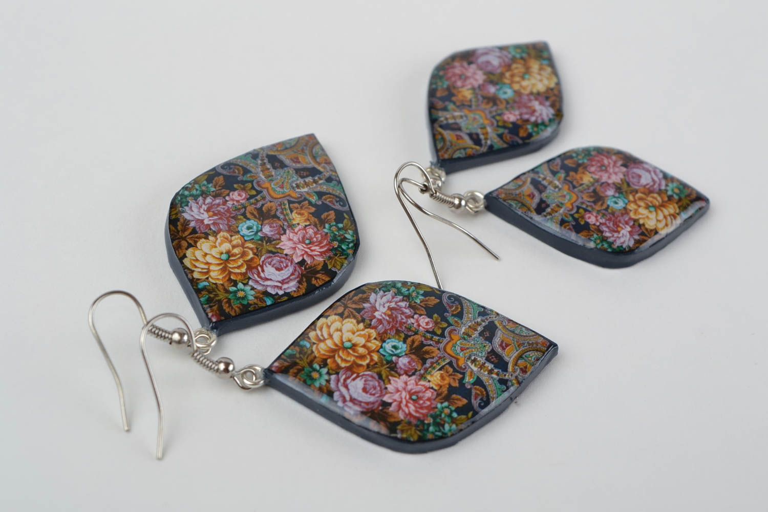 Beautiful handmade designer polymer clay dangle earrings with decoupage 2 pieces photo 4