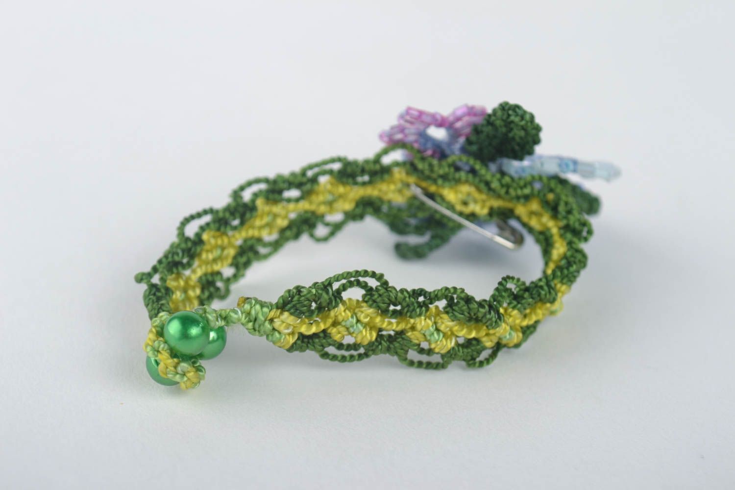Bracelet vert avec Broche textile faits main tressés macramé Cadeau pour femme photo 2